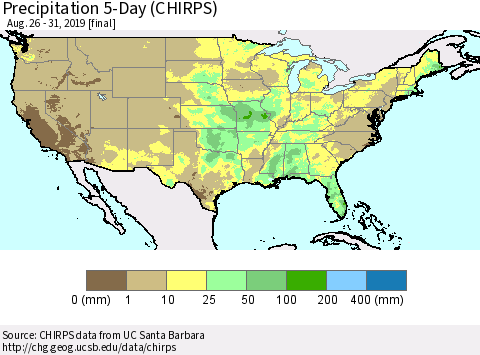 United States Precipitation 5-Day (CHIRPS) Thematic Map For 8/26/2019 - 8/31/2019