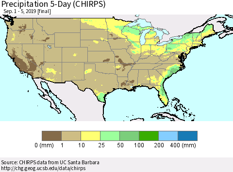 United States Precipitation 5-Day (CHIRPS) Thematic Map For 9/1/2019 - 9/5/2019