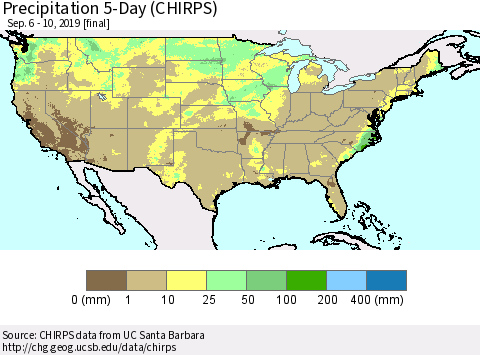 United States Precipitation 5-Day (CHIRPS) Thematic Map For 9/6/2019 - 9/10/2019