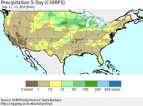 United States Precipitation 5-Day (CHIRPS) Thematic Map For 9/11/2019 - 9/15/2019