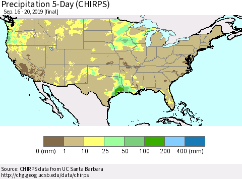 United States Precipitation 5-Day (CHIRPS) Thematic Map For 9/16/2019 - 9/20/2019
