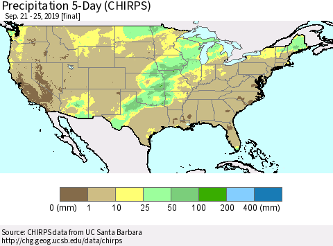 United States Precipitation 5-Day (CHIRPS) Thematic Map For 9/21/2019 - 9/25/2019