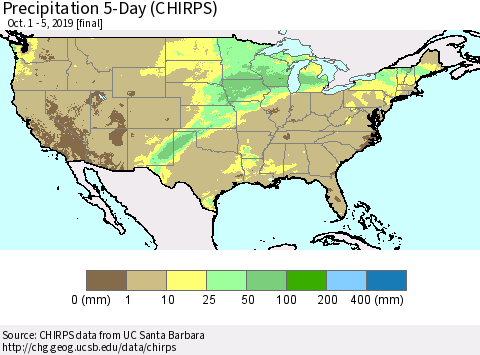 United States Precipitation 5-Day (CHIRPS) Thematic Map For 10/1/2019 - 10/5/2019