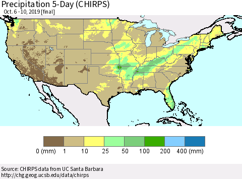 United States Precipitation 5-Day (CHIRPS) Thematic Map For 10/6/2019 - 10/10/2019
