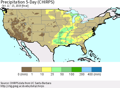 United States Precipitation 5-Day (CHIRPS) Thematic Map For 10/11/2019 - 10/15/2019