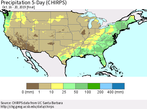 United States Precipitation 5-Day (CHIRPS) Thematic Map For 10/16/2019 - 10/20/2019