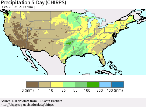 United States Precipitation 5-Day (CHIRPS) Thematic Map For 10/21/2019 - 10/25/2019