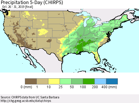United States Precipitation 5-Day (CHIRPS) Thematic Map For 10/26/2019 - 10/31/2019