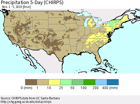 United States Precipitation 5-Day (CHIRPS) Thematic Map For 11/1/2019 - 11/5/2019