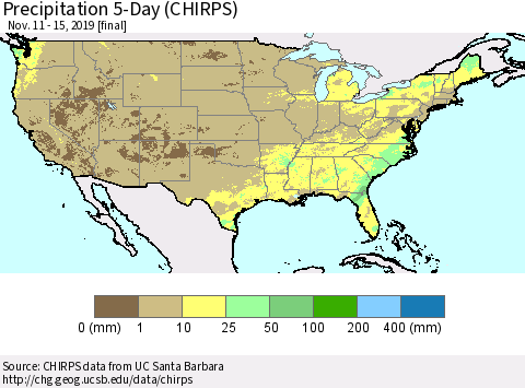 United States Precipitation 5-Day (CHIRPS) Thematic Map For 11/11/2019 - 11/15/2019