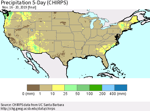 United States Precipitation 5-Day (CHIRPS) Thematic Map For 11/16/2019 - 11/20/2019