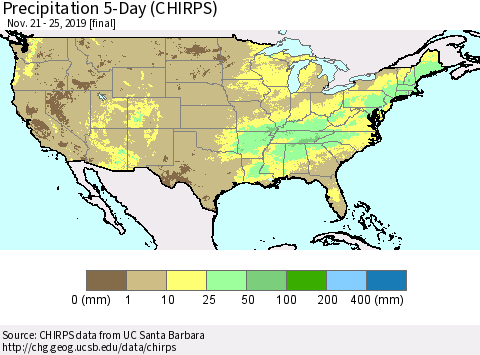 United States Precipitation 5-Day (CHIRPS) Thematic Map For 11/21/2019 - 11/25/2019