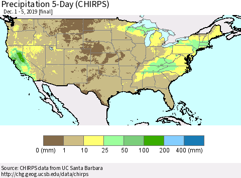 United States Precipitation 5-Day (CHIRPS) Thematic Map For 12/1/2019 - 12/5/2019