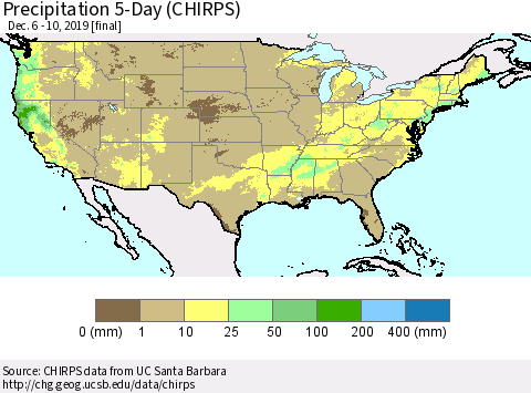 United States Precipitation 5-Day (CHIRPS) Thematic Map For 12/6/2019 - 12/10/2019