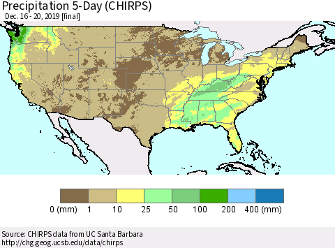 United States Precipitation 5-Day (CHIRPS) Thematic Map For 12/16/2019 - 12/20/2019