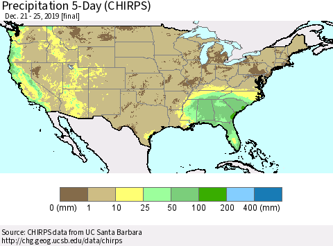 United States Precipitation 5-Day (CHIRPS) Thematic Map For 12/21/2019 - 12/25/2019