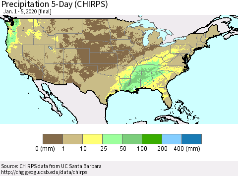 United States Precipitation 5-Day (CHIRPS) Thematic Map For 1/1/2020 - 1/5/2020