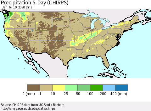 United States Precipitation 5-Day (CHIRPS) Thematic Map For 1/6/2020 - 1/10/2020