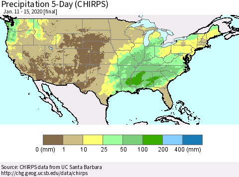 United States Precipitation 5-Day (CHIRPS) Thematic Map For 1/11/2020 - 1/15/2020