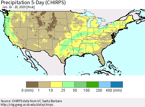 United States Precipitation 5-Day (CHIRPS) Thematic Map For 1/16/2020 - 1/20/2020