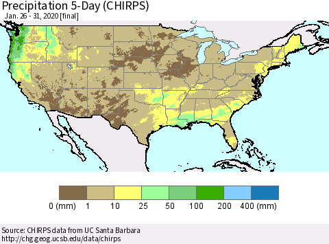 United States Precipitation 5-Day (CHIRPS) Thematic Map For 1/26/2020 - 1/31/2020