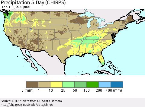 United States Precipitation 5-Day (CHIRPS) Thematic Map For 2/1/2020 - 2/5/2020