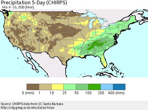United States Precipitation 5-Day (CHIRPS) Thematic Map For 2/6/2020 - 2/10/2020