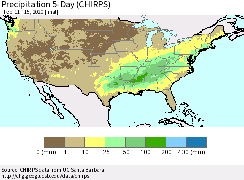 United States Precipitation 5-Day (CHIRPS) Thematic Map For 2/11/2020 - 2/15/2020