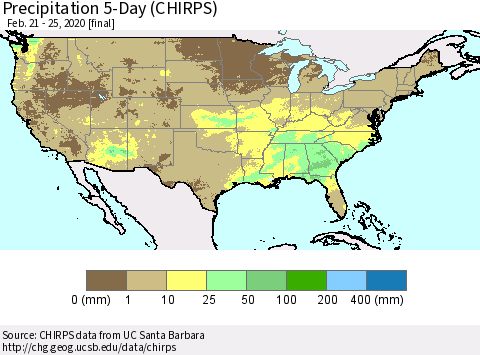 United States Precipitation 5-Day (CHIRPS) Thematic Map For 2/21/2020 - 2/25/2020