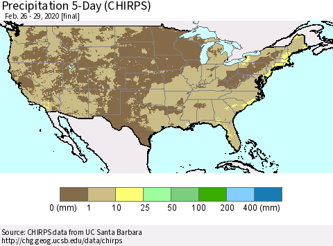 United States Precipitation 5-Day (CHIRPS) Thematic Map For 2/26/2020 - 2/29/2020