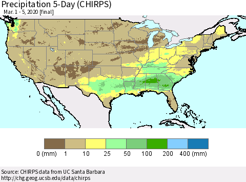 United States Precipitation 5-Day (CHIRPS) Thematic Map For 3/1/2020 - 3/5/2020