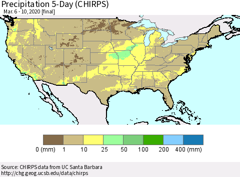 United States Precipitation 5-Day (CHIRPS) Thematic Map For 3/6/2020 - 3/10/2020