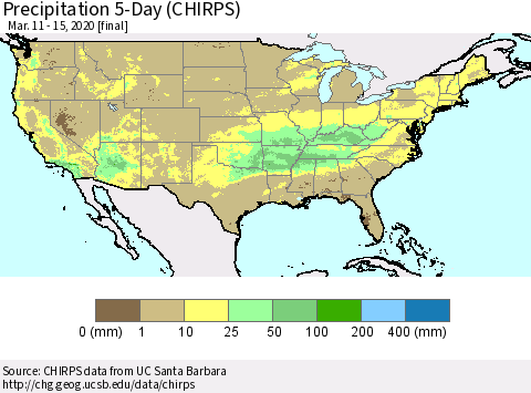 United States Precipitation 5-Day (CHIRPS) Thematic Map For 3/11/2020 - 3/15/2020