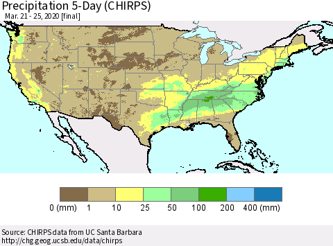United States Precipitation 5-Day (CHIRPS) Thematic Map For 3/21/2020 - 3/25/2020