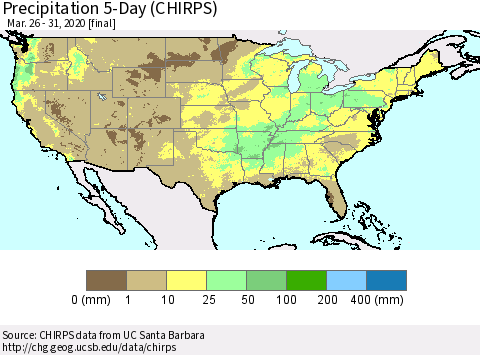 United States Precipitation 5-Day (CHIRPS) Thematic Map For 3/26/2020 - 3/31/2020