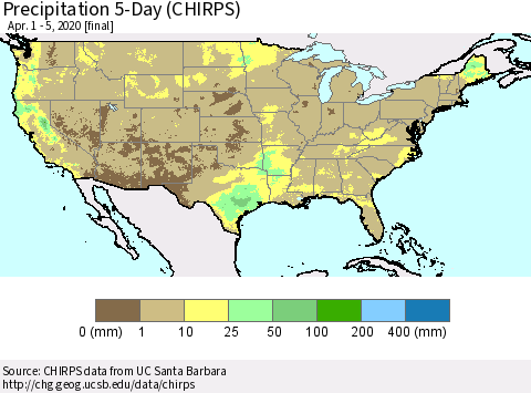 United States Precipitation 5-Day (CHIRPS) Thematic Map For 4/1/2020 - 4/5/2020