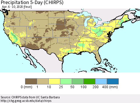 United States Precipitation 5-Day (CHIRPS) Thematic Map For 4/6/2020 - 4/10/2020
