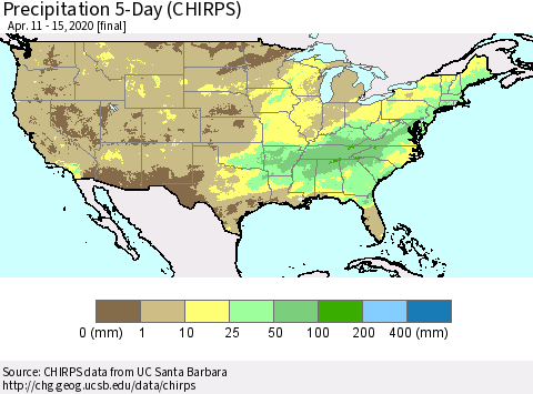 United States Precipitation 5-Day (CHIRPS) Thematic Map For 4/11/2020 - 4/15/2020