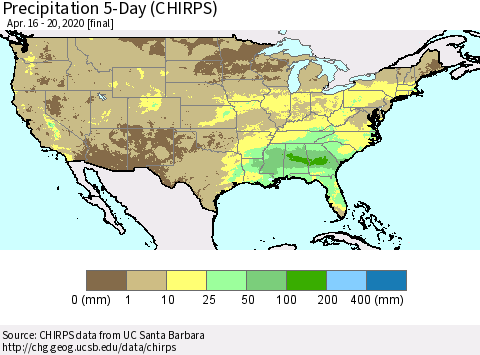 United States Precipitation 5-Day (CHIRPS) Thematic Map For 4/16/2020 - 4/20/2020