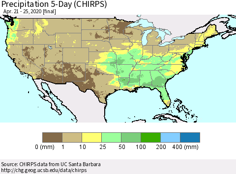 United States Precipitation 5-Day (CHIRPS) Thematic Map For 4/21/2020 - 4/25/2020