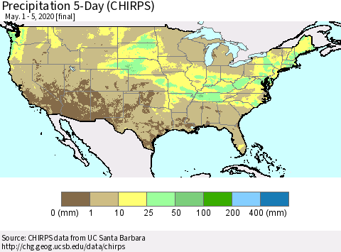 United States Precipitation 5-Day (CHIRPS) Thematic Map For 5/1/2020 - 5/5/2020