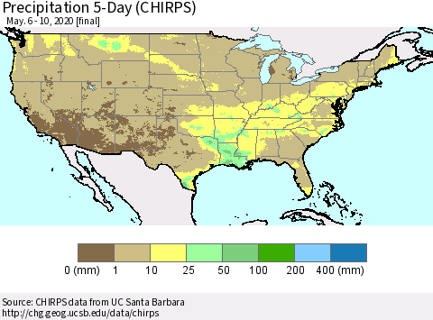 United States Precipitation 5-Day (CHIRPS) Thematic Map For 5/6/2020 - 5/10/2020