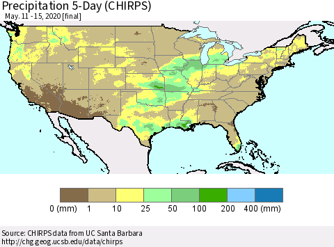 United States Precipitation 5-Day (CHIRPS) Thematic Map For 5/11/2020 - 5/15/2020