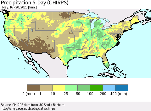 United States Precipitation 5-Day (CHIRPS) Thematic Map For 5/16/2020 - 5/20/2020