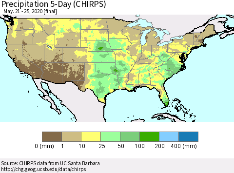 United States Precipitation 5-Day (CHIRPS) Thematic Map For 5/21/2020 - 5/25/2020