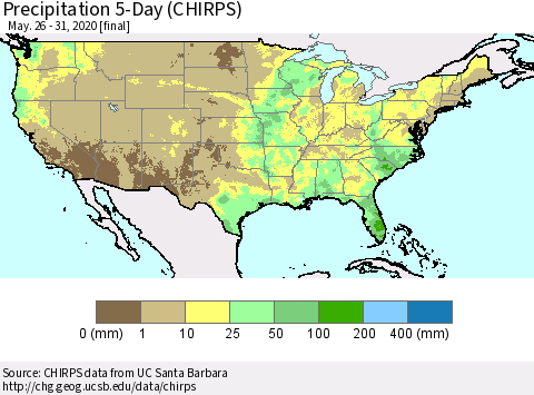United States Precipitation 5-Day (CHIRPS) Thematic Map For 5/26/2020 - 5/31/2020