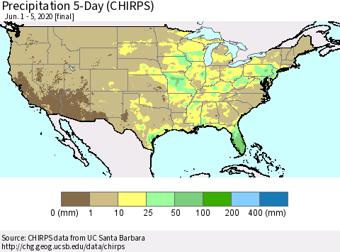 United States Precipitation 5-Day (CHIRPS) Thematic Map For 6/1/2020 - 6/5/2020