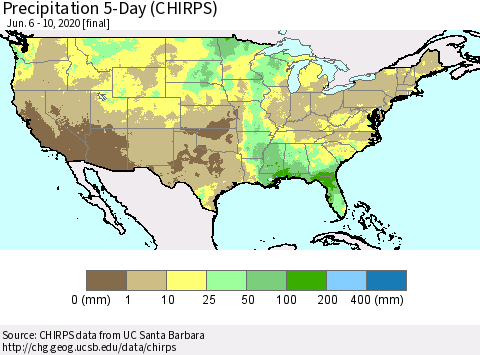 United States Precipitation 5-Day (CHIRPS) Thematic Map For 6/6/2020 - 6/10/2020