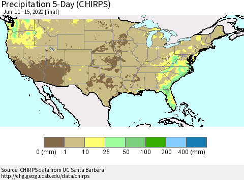 United States Precipitation 5-Day (CHIRPS) Thematic Map For 6/11/2020 - 6/15/2020