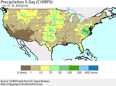 United States Precipitation 5-Day (CHIRPS) Thematic Map For 6/16/2020 - 6/20/2020